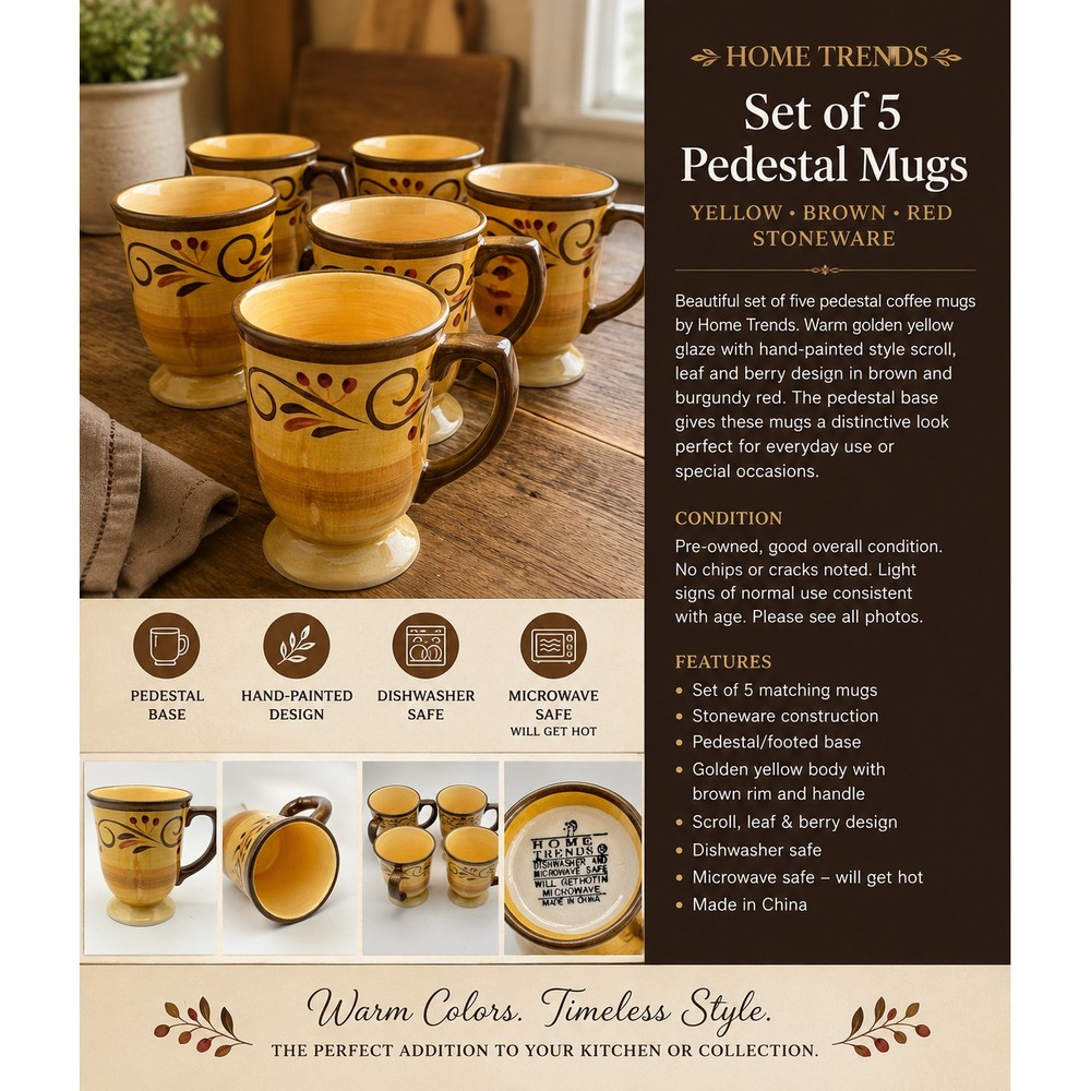 Home Trends Set of 5 Pedestal Coffee Mugs Yellow Brown Red Scroll Stoneware